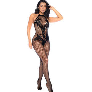 Mapale - Vino Noir Floral Fishnet Bodystocking  - Black